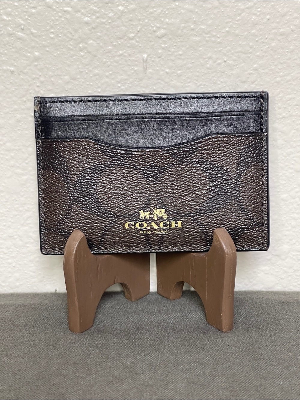Coach Dark Brown & Black Leather Card Holder with Gold Logo